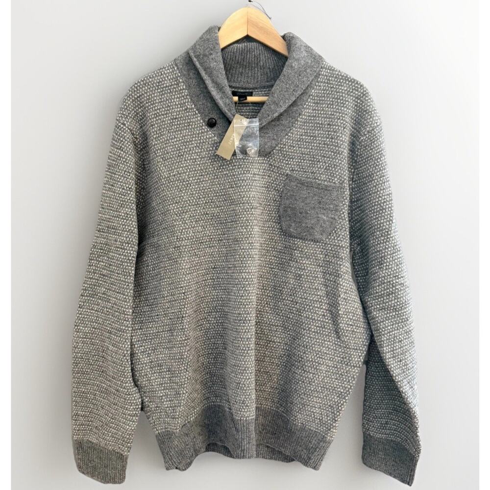 J.Crew 100% Lambswool Knit Shawl Collar Sweater Mens L Heather Gray FLAW